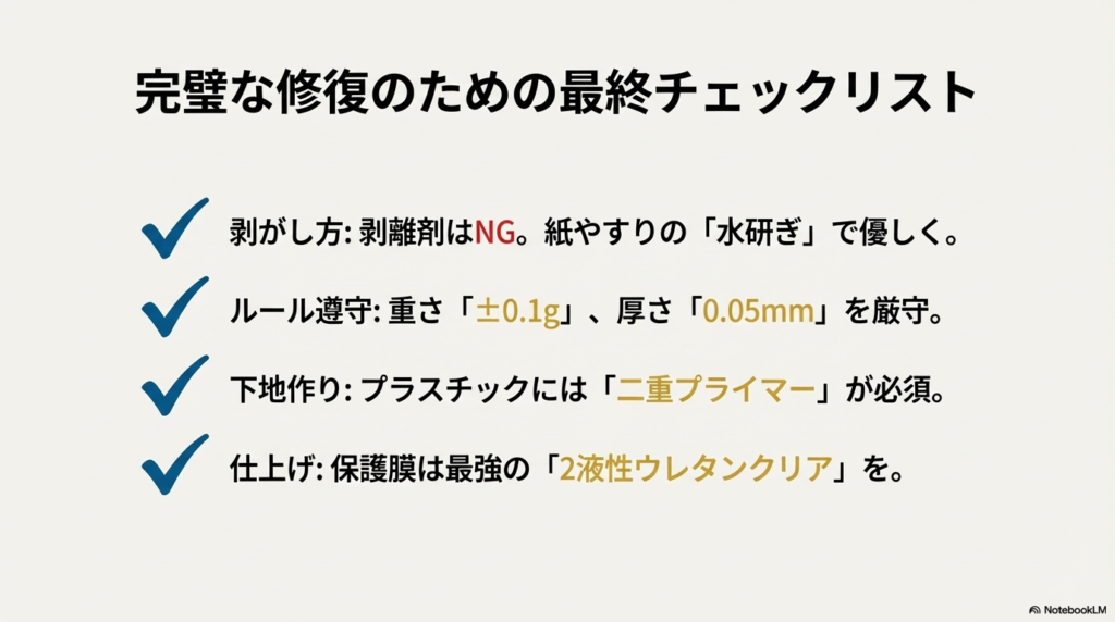剥がし方、ルール遵守、下地作り、仕上げの4項目を確認するためのまとめチェックリスト