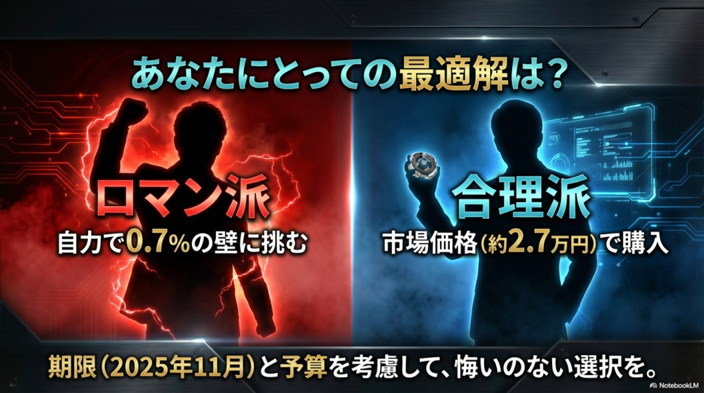 ロマン派か合理派か?最適な入手戦略の選択 自力で0.7%の壁に挑む「ロマン派」と、市場価格で購入する「合理派」を対比させ、交換期限と予算を考慮して自分に合った入手方法を選ぶよう提案するまとめの図です。