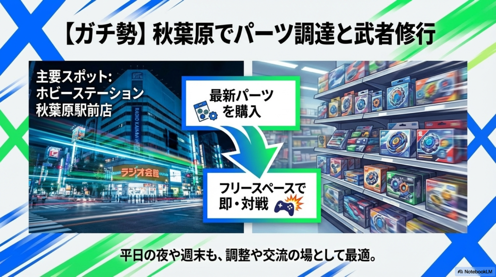 秋葉原のベイブレードパーツショップと対戦スペース地図 秋葉原駅周辺のマップ。ホビーステーションやラジオ会館など、パーツ購入とフリー対戦ができる主要スポットの位置関係