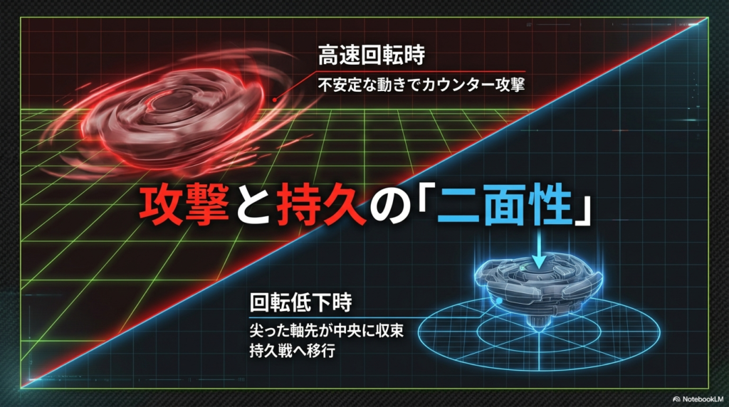 攻撃と持久の二面性を持つビットの動き 高速回転時は不安定に動き回り、回転が落ちると中央に収束して持久戦を行う尖りビットの挙動変化を表した図です。