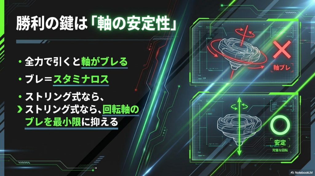 勝利の鍵となる軸の安定性 全力で引くと軸がブレてスタミナロスになるがストリング式ならブレを最小限に抑え完璧な回転ができるという図解