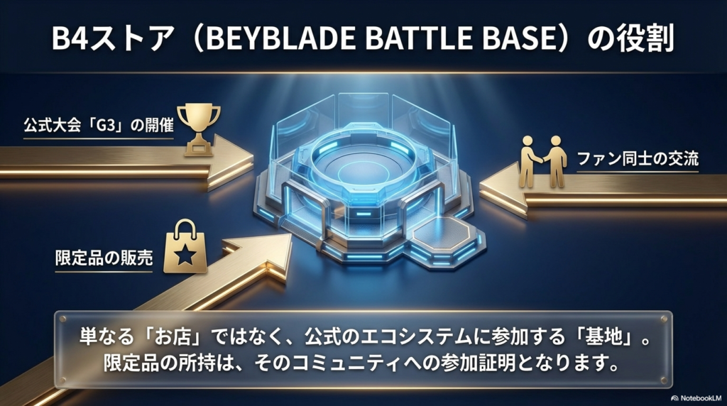 B4ストアの3つの機能(公式大会G3の開催、限定品の販売、ファン同士の交流)を示し、公式エコシステムへの参加基地であることを解説する図。