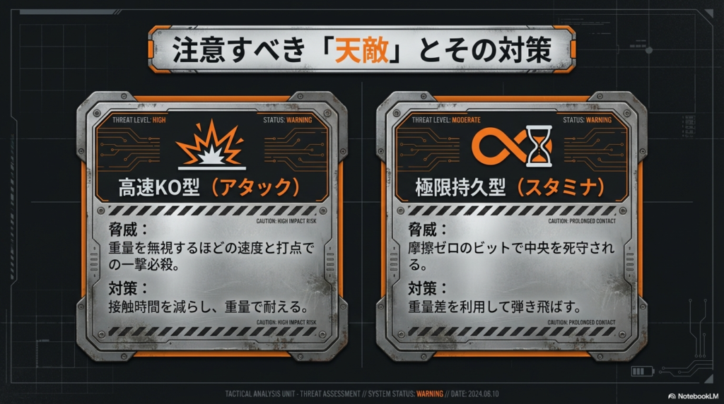 バランスタイプが苦手とする高速KOアタックと極限持久スタミナタイプへの脅威レベルと対策をまとめた図です。