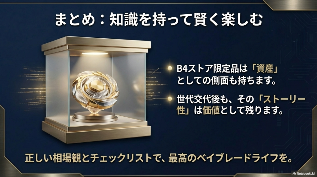 ベイブレード限定品が持つ資産性とストーリーの価値 世代交代後もストーリー性が価値として残るという、ベイブレード限定品の資産的側面と賢い楽しみ方についてのまとめ。