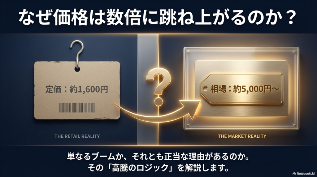 ベイブレードB4ストア限定品の定価と市場価格のギャップ 定価約1,600円のベイブレードが市場相場で約5,000円以上に高騰している現実と、小売価格対市場価格の対比図。