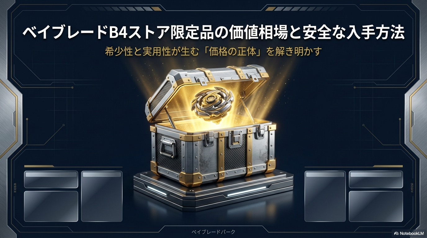 記事タイトル「ベイブレードB4ストア限定品の価値相場と安全な入手方法」と、サブタイトル「希少性と実用性が生む価格の正体を解き明かす」が記載された表紙スライド。