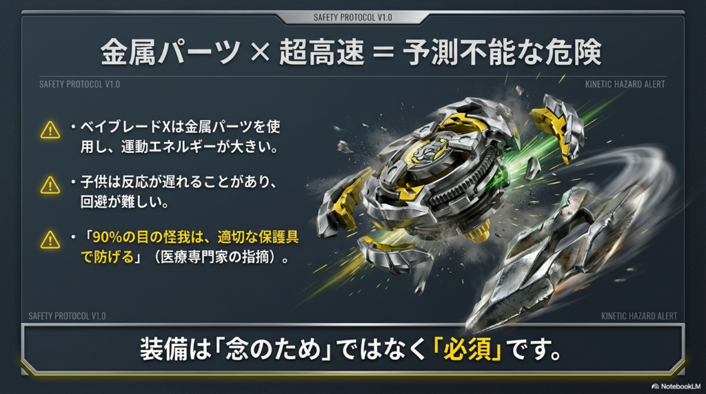 ベイブレードの破損と飛散するパーツの危険性 ベイブレードが破壊され金属パーツが飛散する様子。運動エネルギーが大きく、適切な保護具なしでは危険であることを示す警告図。