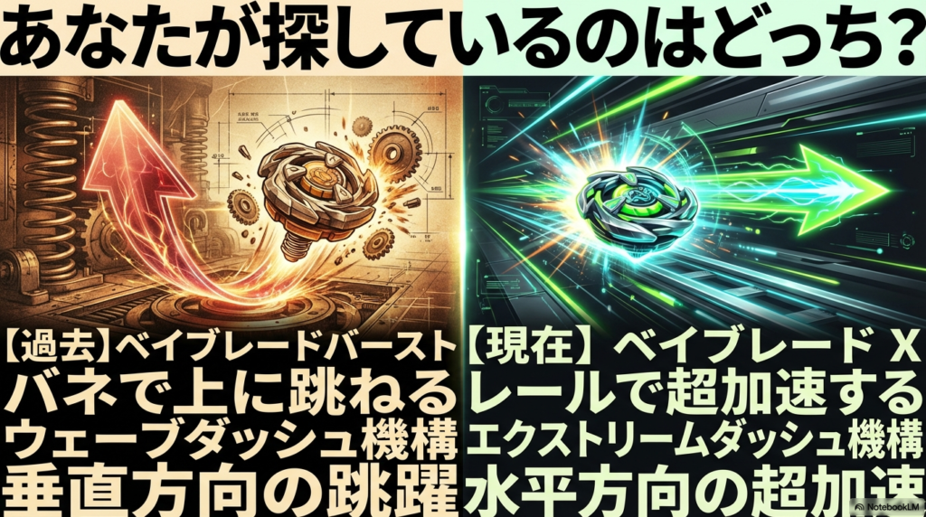 過去のバネと現在のレールの違い 過去のベイブレードバーストはバネで上に跳ね、現在のベイブレードXはレールで加速するという違いを比較した図