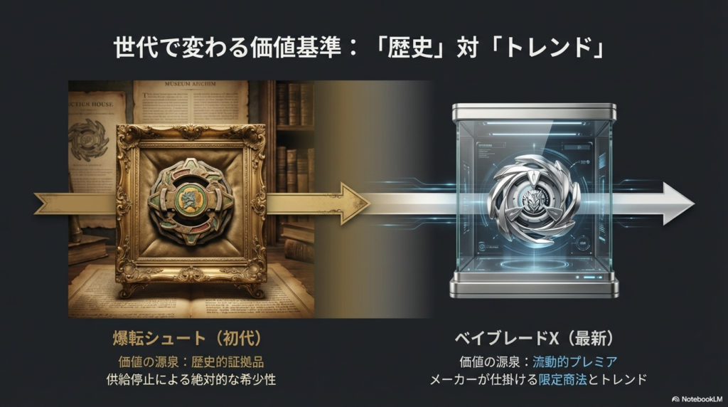 ベイブレードの世代別価値基準の違い 初代爆転シュートは歴史的資産としての価値、最新のベイブレードXはトレンドによる流動的な価値という、世代ごとの違いを比較した図です。