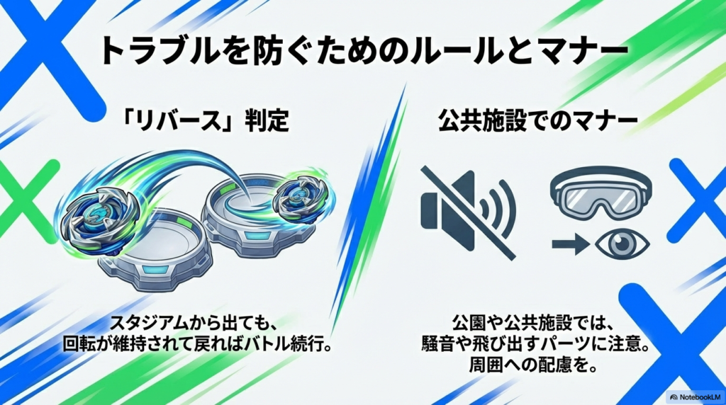 ベイブレードの対戦ルールと公共施設でのマナー スタジアム外での回転持続(リバース)の判定や、公園など公共の場での騒音・パーツ飛び出しへの注意喚起イラスト