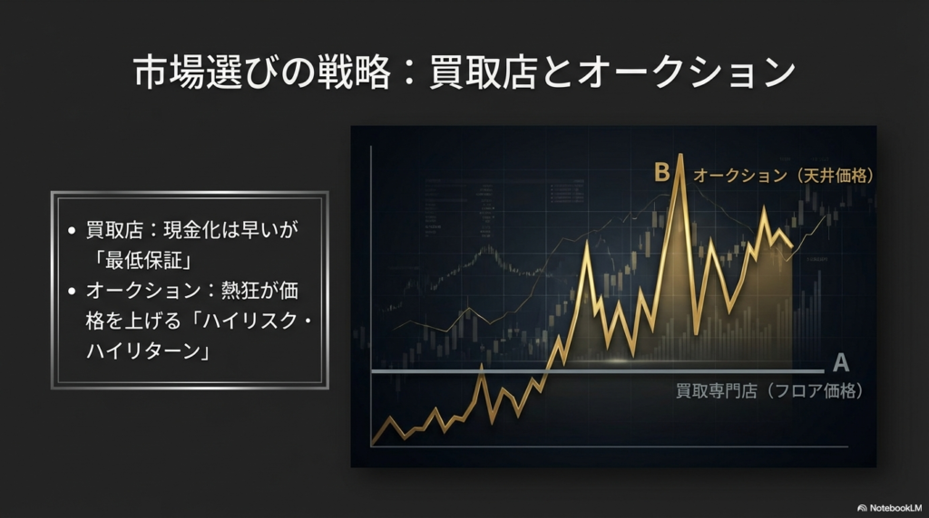 買取店とオークションの価格差の仕組み 買取専門店での安定したフロア価格と、オークションでの熱狂による天井価格の違いをグラフで示した市場選びの戦略図です。
