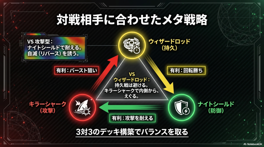 ベイブレードX 3対3のメタ戦略とタイプ相性 ベイブレードのタイプ相性図。攻撃、防御、持久の3すくみと、ウィザードロッド対策のメタ構築。