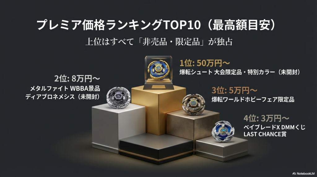 歴代ベイブレードプレミア価格ランキングTOP10 爆転シュート時代の限定品やメタルファイトの景品など、歴代ベイブレードの中で特に高額取引されているアイテムTOP10の一覧です。