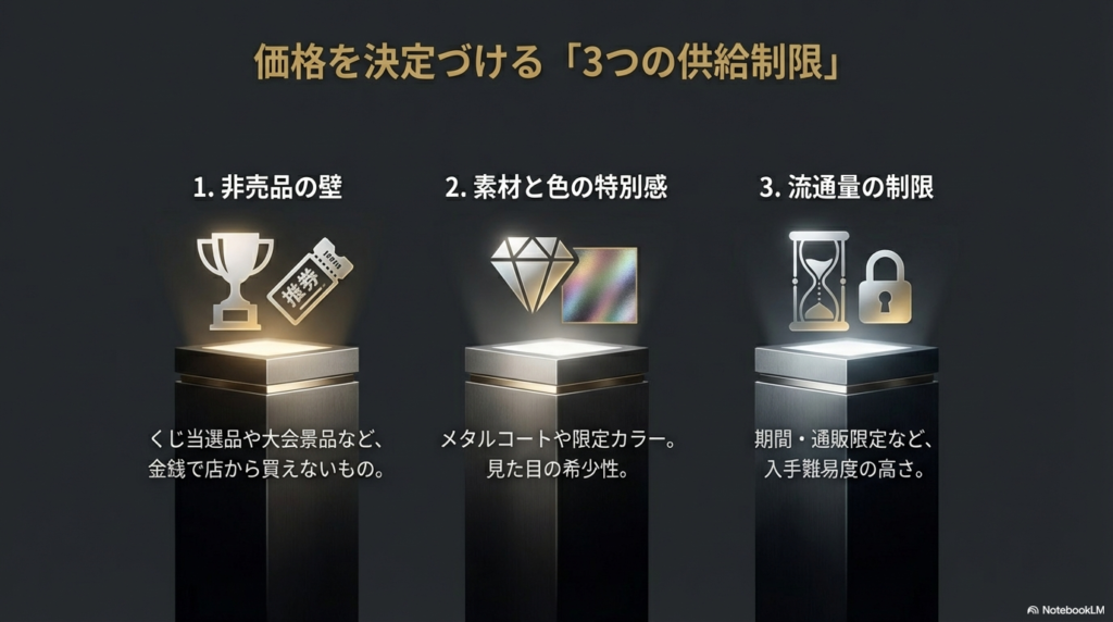 ベイブレードの価格を決める3つの供給制限 非売品であること、素材や色の特別感、そして流通量の制限という3つの要素がベイブレードのプレミア価格を決定づける要因です。