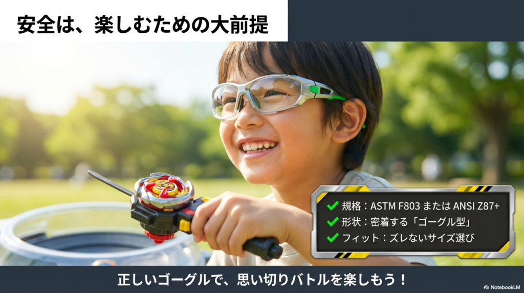 ベイブレードを安全に楽しむための保護ゴーグル選びまとめ 安全は楽しむための大前提というメッセージ。適切な規格とフィットするゴーグル型を選び、バトルを楽しむことを推奨するまとめ画像。