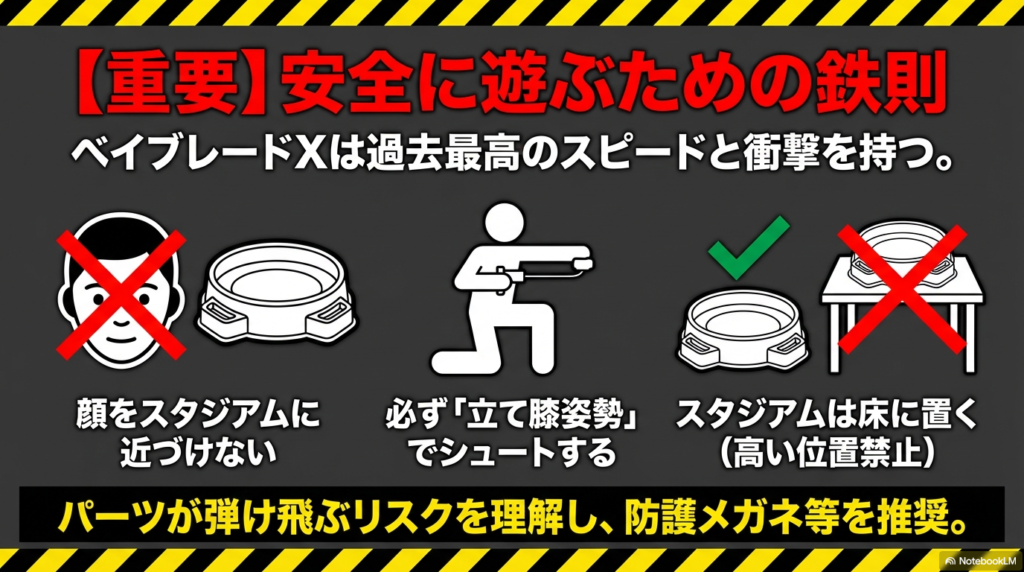 ベイブレードXを安全に遊ぶための鉄則 顔を近づけないことや立て膝姿勢でシュートすることなど、ベイブレードXを安全に遊ぶためのルールと禁止事項