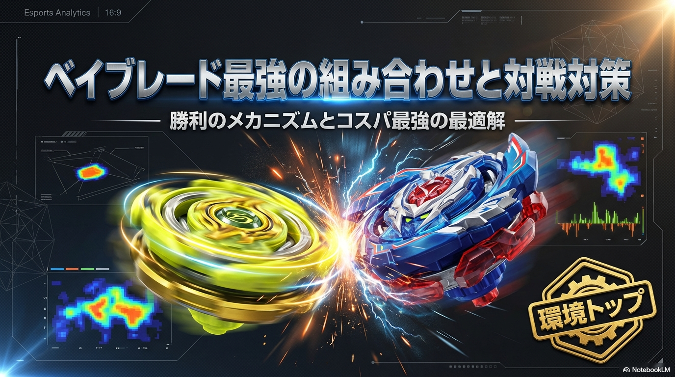 ベイブレード最強の組み合わせと対戦対策。勝利のメカニズムとコスパ最強の最適解、環境トップの構成を解説するスライド表紙。