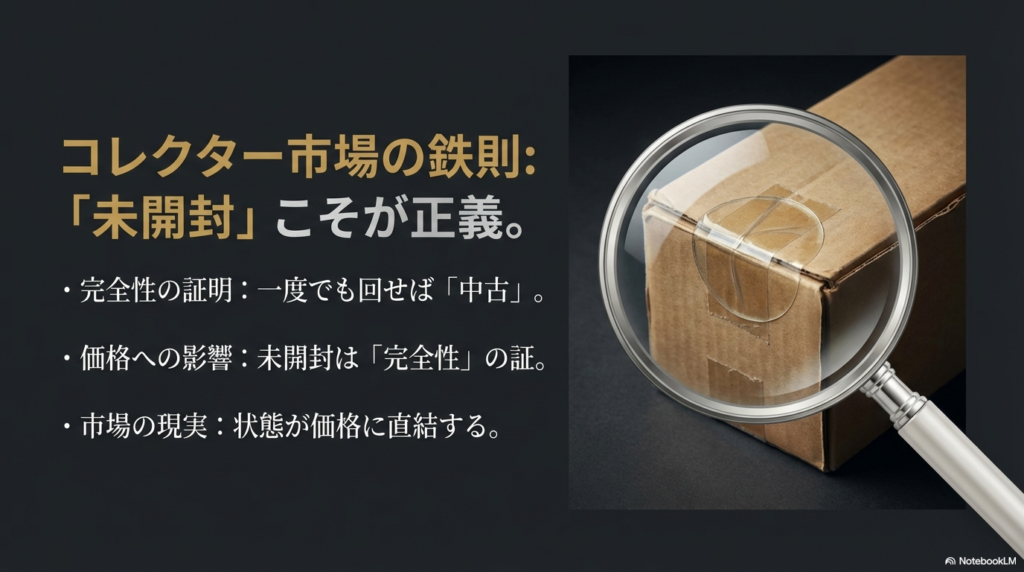 コレクター市場における未開封品の価値 ベイブレードのコレクター市場では、一度も回していない未開封状態であることが完全性の証明となり、価格に大きく影響することを示した図です。