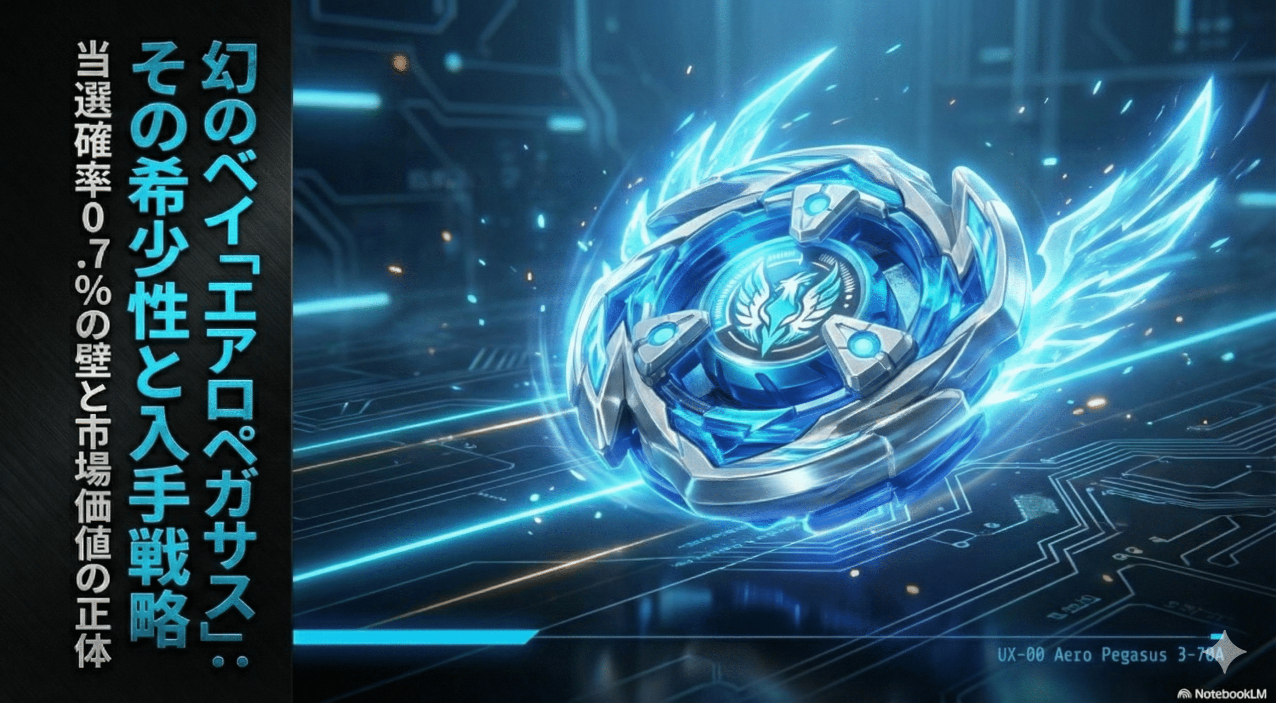 ベイブレードXのレアベイ「エアロペガサス」について、当選確率0.7%の壁や市場価値の正体、入手戦略といった記事の要点をまとめた表紙スライドです。