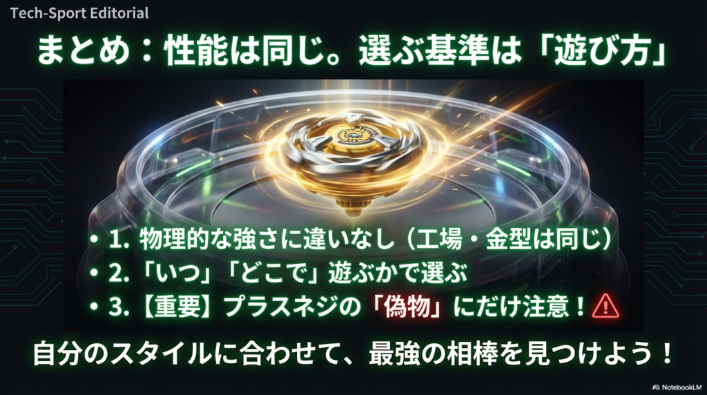 ベイブレードX海外版に関する重要ポイントまとめ 物理的な強さに違いはないこと、選ぶ基準は遊ぶ環境であること、プラスネジの偽物に注意することなど、記事全体の結論を3点にまとめたスライド。