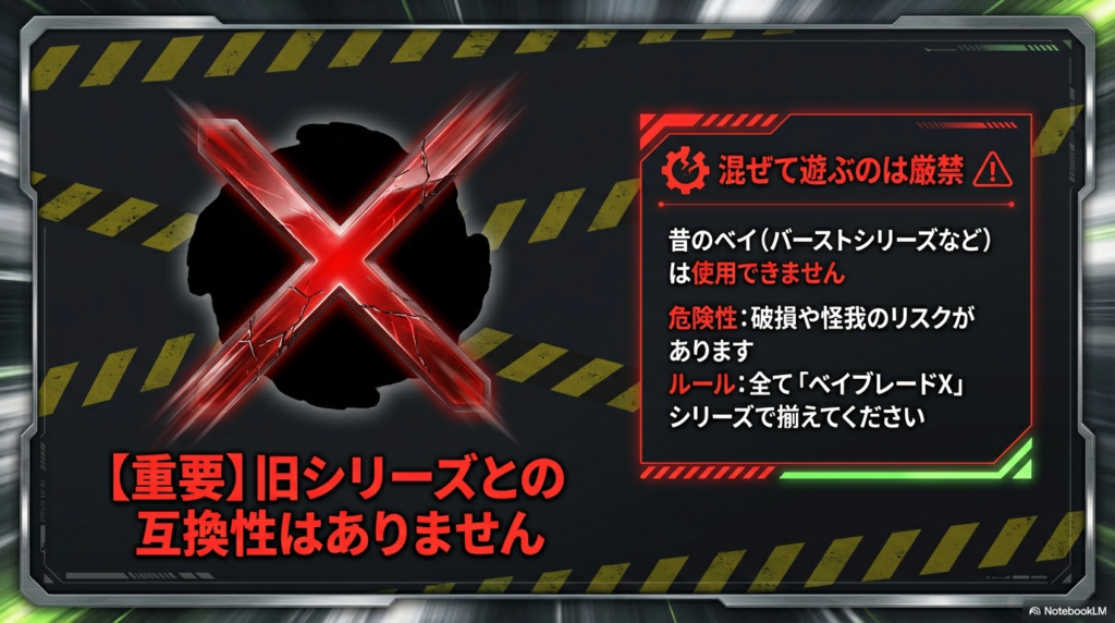 ベイブレードXと旧シリーズの互換性に関する重要な注意点 ベイブレードバーストなどの旧シリーズとXシリーズを混ぜて遊ぶことの危険性と互換性なしの警告