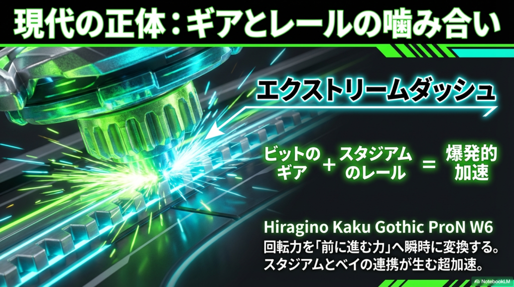 現代のギアとレールの噛み合いによる加速 ベイブレードXのビットにあるギアとスタジアムのレールが噛み合って爆発的な加速を生むエクストリームダッシュの仕組み