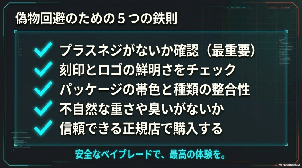 プラスネジの確認、刻印チェック、パッケージの整合性など、ベイブレードXの偽物を回避するために必ず確認すべき5つの重要ポイントをまとめたリストです。