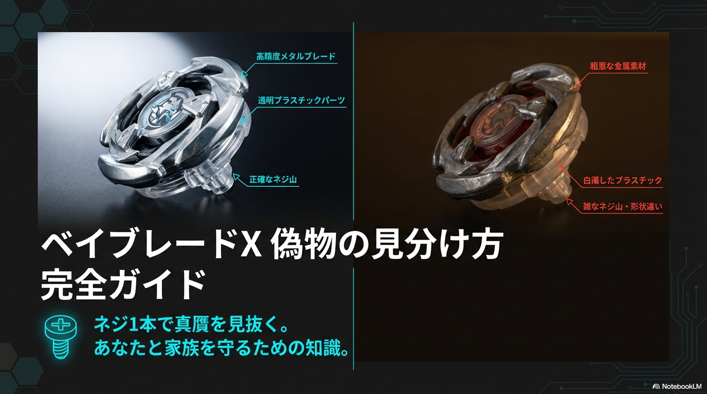 正規品の特徴である高精度メタルブレードや透明プラスチックパーツ、正確なネジ山を示したベイブレードX真贋見極め完全ガイドの表紙画像です。