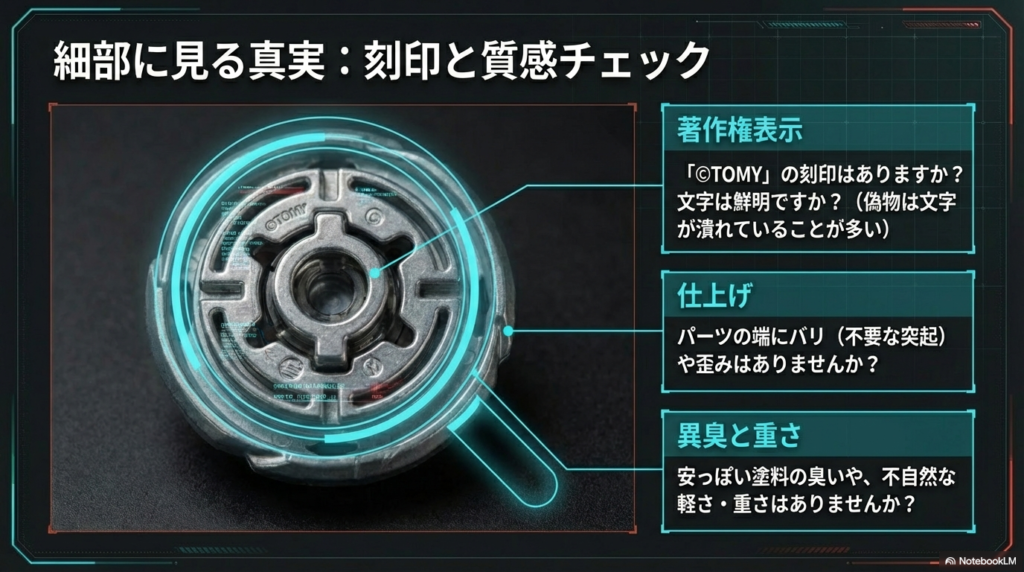 タカラトミーの著作権表示刻印の鮮明さや、パーツの仕上げの粗さ、異臭や重さの違いなど、細部を見て偽物を判断する方法をまとめたスライドです。