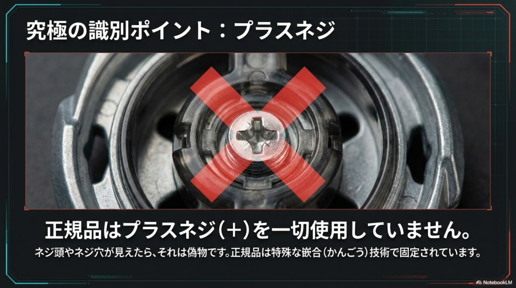 正規品には存在しないプラスネジが使われている偽物の特徴を解説し、特殊な嵌合技術との違いを一目で判断するための比較画像です。