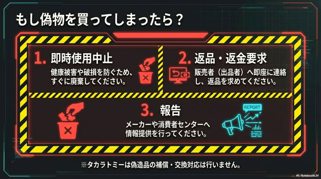 健康被害や破損を防ぐための即時使用中止、販売者への返品要求、メーカーへの報告という偽物を購入してしまった際の3つのステップを解説しています。