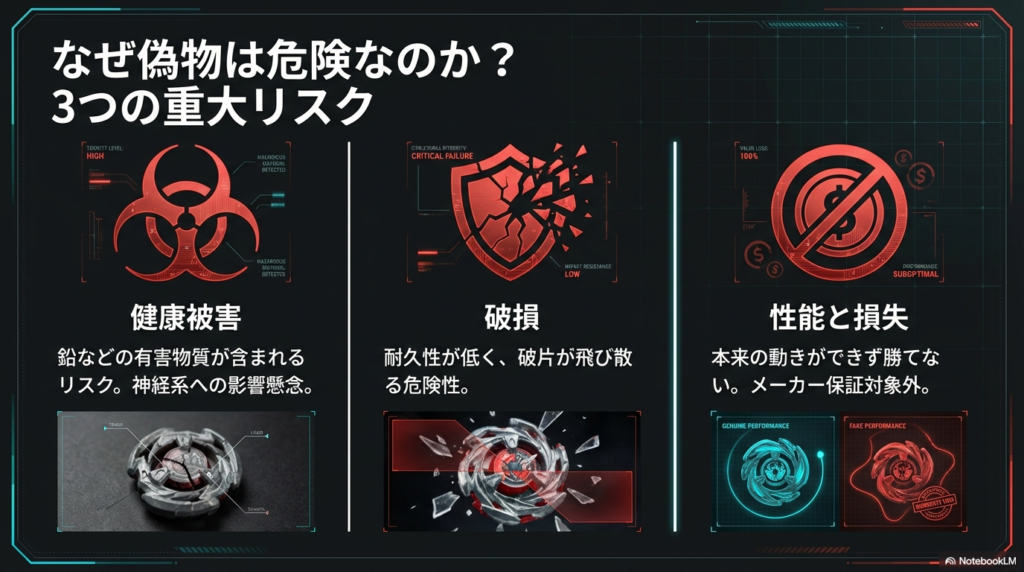 偽物のベイブレードXに含まれる鉛などの有害物質による健康被害や、破損のリスク、性能不足による損失という3つの危険性を警告するスライドです。