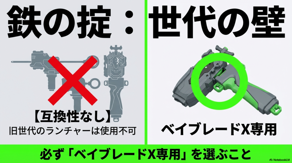 旧世代のランチャーは使用不可であることと、必ずベイブレードX専用品を選ぶ必要があることを警告する「鉄の掟」の画像