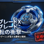ベイブレードXにおける左回転の衝撃とコバルトドラグーンの登場を表したスライドの表紙画像です。