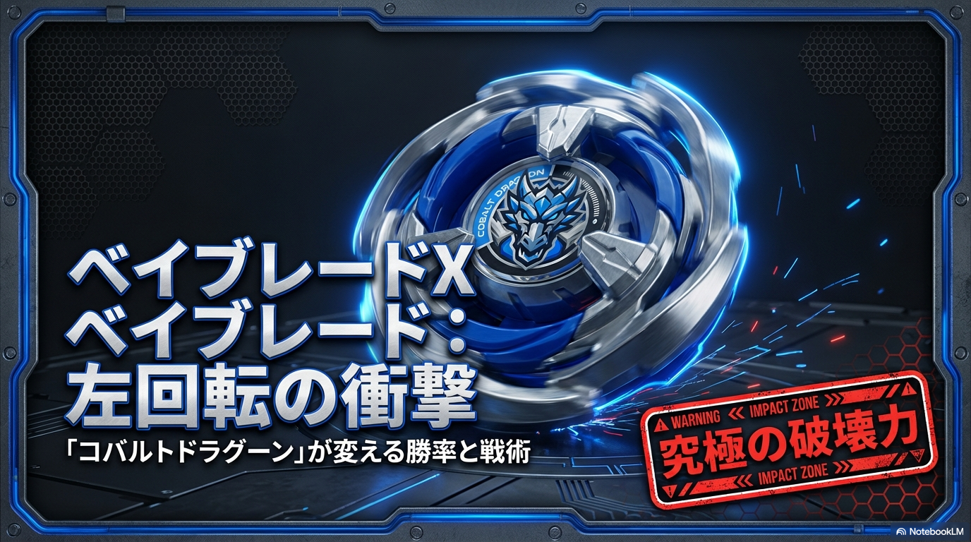 ベイブレードXにおける左回転の衝撃とコバルトドラグーンの登場を表したスライドの表紙画像です。