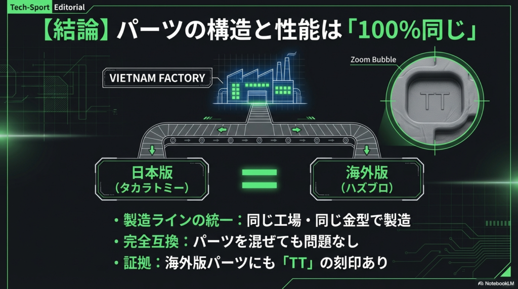 ベトナム工場での製造ライン統一と金型の共有 ベイブレードXはタカラトミー版もハズブロ版も同じベトナム工場の同じ金型で製造されており、パーツ構造が完全に一致していることを示す図。