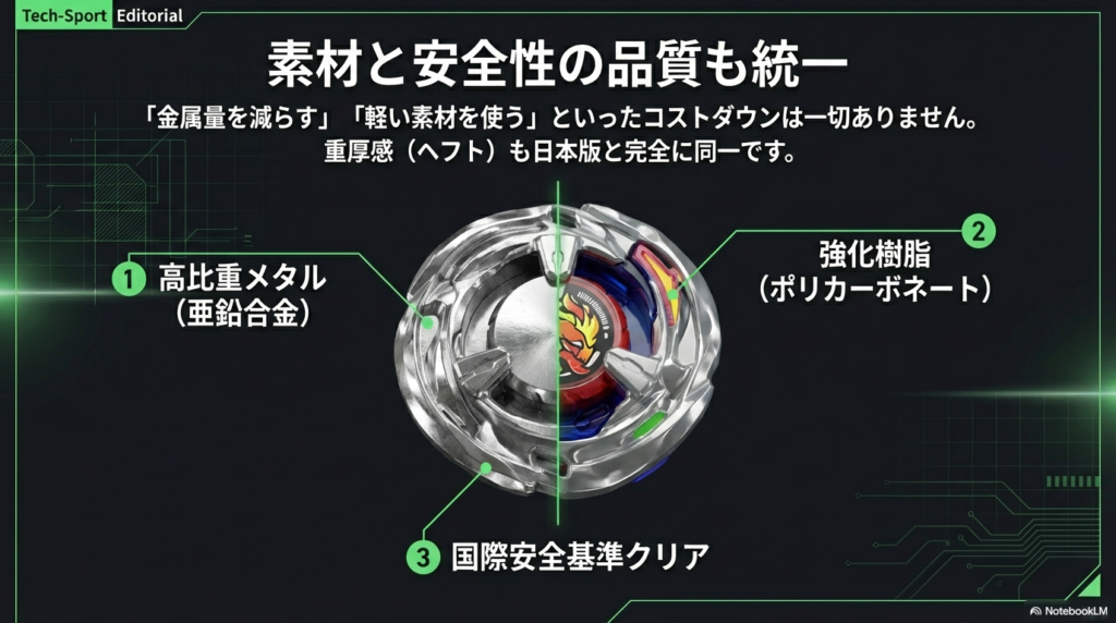 ベイブレードXの素材品質と安全基準の統一 海外版でも金属量を減らすコストダウンは行われず、亜鉛合金や強化樹脂(ポリカーボネート)などの素材品質と重量感が日本版と同一であることを解説した図。