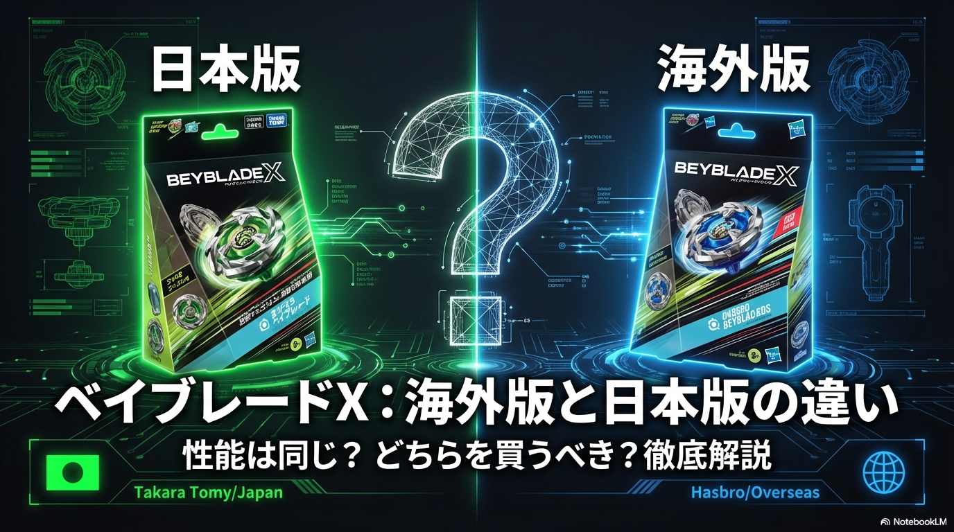 ベイブレードXの日本版と海外版(Hasbro)のパッケージを並べ、性能や構造に違いがないことを検証する比較イメージ。