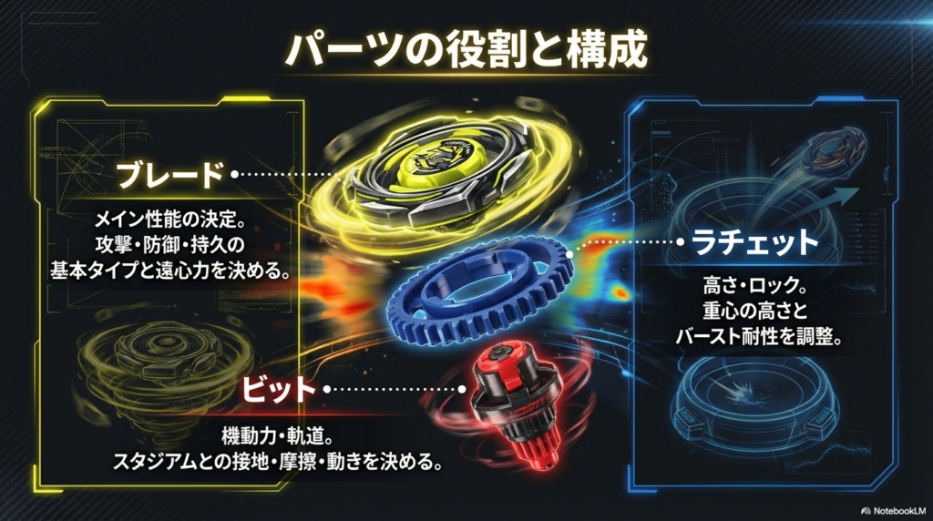ベイブレードX パーツ構成と役割の基本 ベイブレードXのパーツ構成図。ブレード、ラチェット、ビットそれぞれの役割と性能への影響。