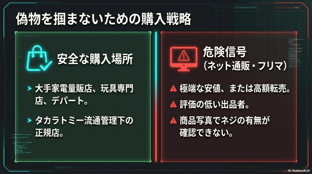 大手家電量販店などの安全な購入ルートと、極端な安値や評価の低い出品者などネット通販やフリマアプリでの危険信号をリストアップしたスライドです。