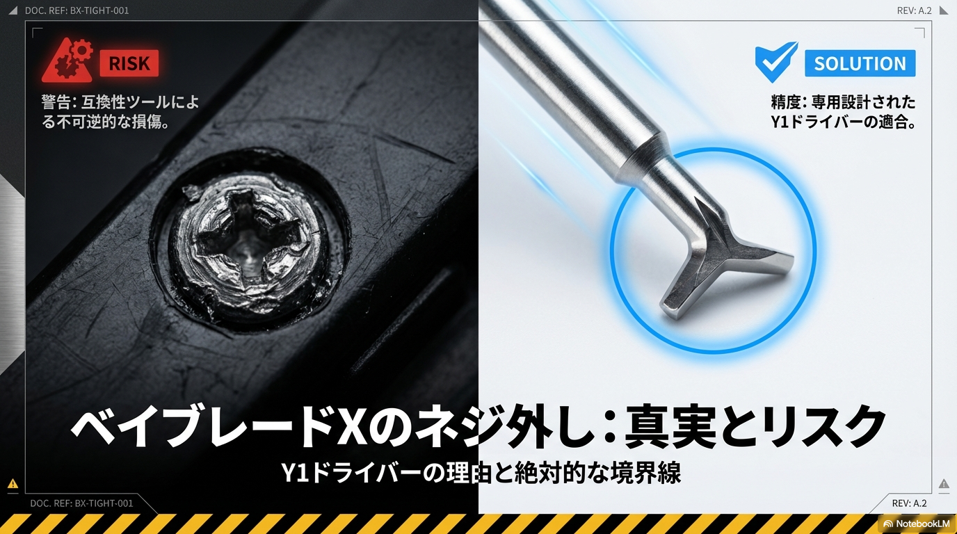 ベイブレードXのネジを外す際のリスクと、専用のY1ドライバーが必要不可欠であることを示した記事の概要図。