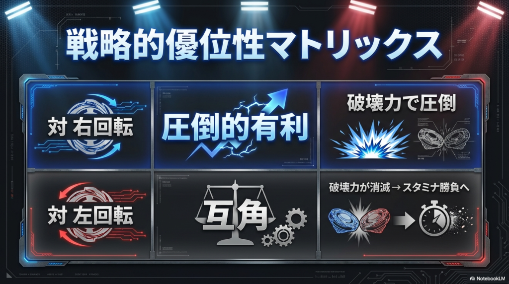 左回転ベイの戦略的優位性マトリックス 対右回転には圧倒的有利だが対左回転では互角になるという戦略的な相性を示したマトリックス図です。