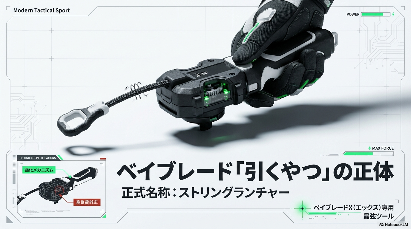 ベイブレードX専用のストリングランチャーにおける強化メカニズムと高負荷対応のポイントを示した製品構造の図解です。