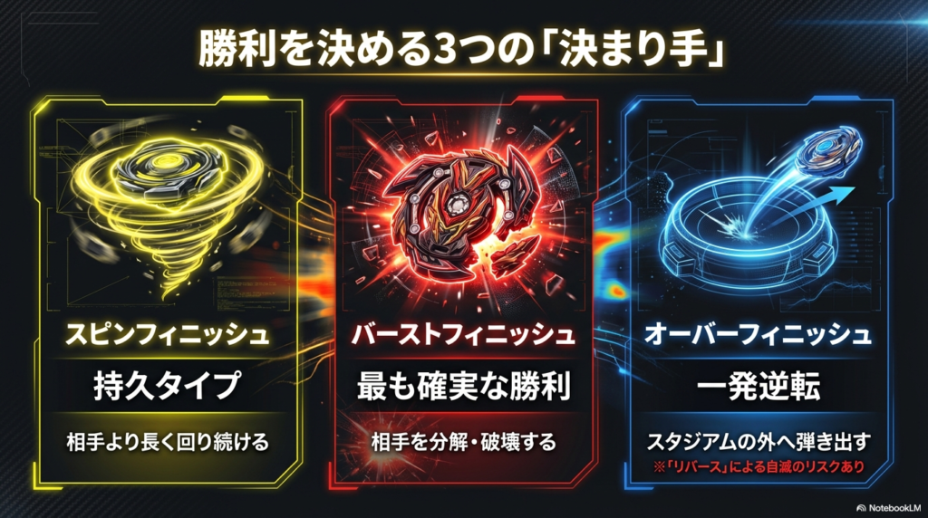 ベイブレードX 勝利を決める3つの決まり手 ベイブレードXの3つの勝ち方。スピンフィニッシュ、バーストフィニッシュ、オーバーフィニッシュの解説図。