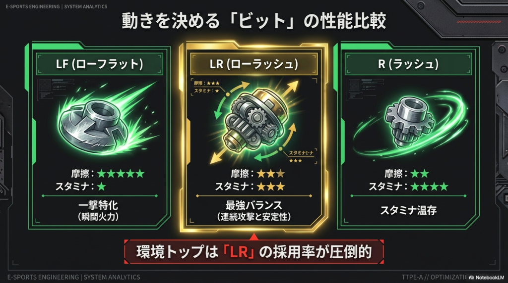 瞬間火力のLF、最強バランスのLR、スタミナ温存のRなど、アタックタイプ用ビットの性能差を比較した一覧表