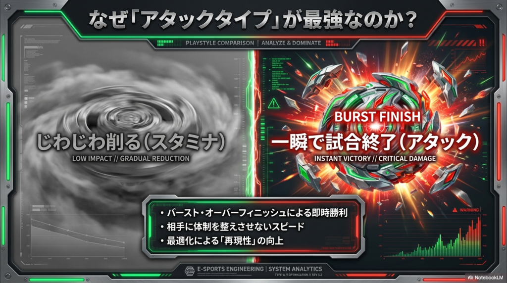 じわじわ削るスタミナタイプに対し、一瞬でバーストフィニッシュを決めるアタックタイプの即時勝利の図解