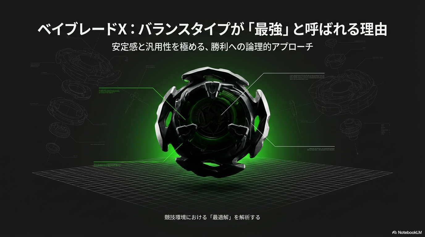 黒い背景に浮かび上がるバランスタイプのベイブレードとパーツ構成の近未来的なイメージ図です。