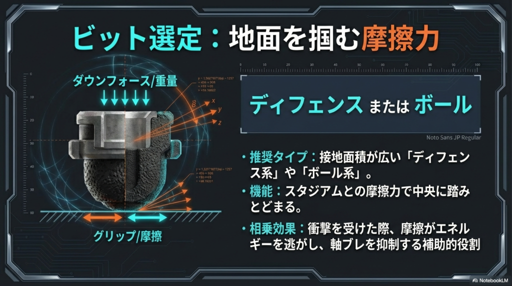 スタジアムをグリップするディフェンス系ビット スタジアム中央に留まるための高い摩擦力とダウンフォースを持つディフェンスまたはボール系ビットの役割