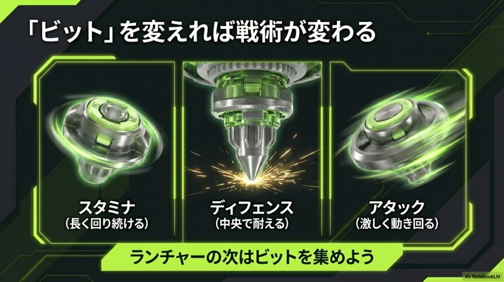 ベイブレードXのビットを変えることでアタックやディフェンスやスタミナなどの戦術が変わることの説明