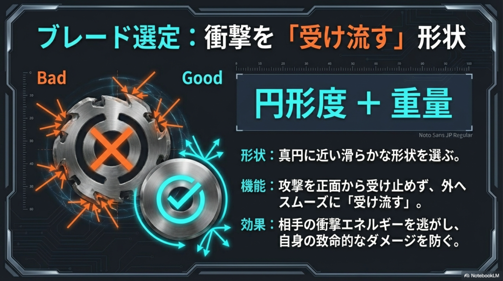 衝撃を分散させる円形ブレードの選び方 相手の攻撃を正面から受け止めずスムーズに受け流すための真円に近い形状と重量を持つブレードの選定基準